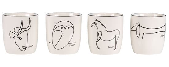 Pablo Picasso: Set om 4 muggar med konstnärsmotiv "Animaux", porslin