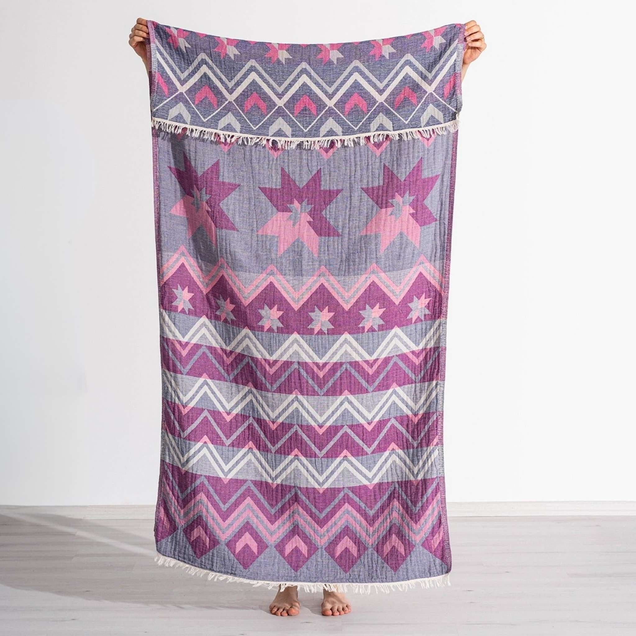 Etnisk hammamhandduk - Handvävd turkisk bomull - Peshtemal med fransar - bild 4